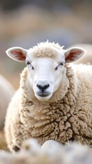Close-up of a sheep with fluffy, light beige/white wool