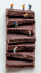 Logo of tiny workers on stacked dark chocolate bars, showing effort and texture with a glossy, artisanal look.