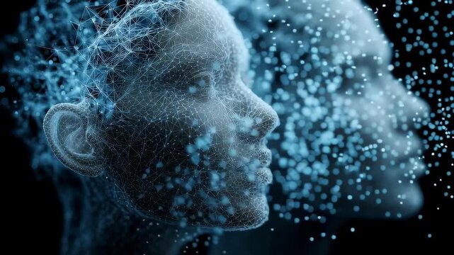 Two faces are shown in a blue and white color scheme. The faces are made of a mesh of wires and are floating in the air. Concept of futuristic technology and a feeling of detachment from reality