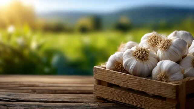 A detailed close-up of rustic farm-fresh garlic in a crate, set against a wooden table and green field, bathed in soft cinematic sunlight.