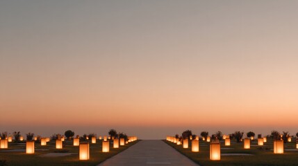 Fototapeta premium Soft twilight illuminates rows of glowing lanterns along serene