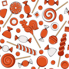 Seamless pattern with lollipop cockerel on stick and orange sweets candy. Colored vector background.