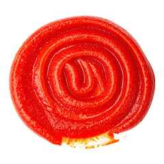 Swirled, vibrant red condiment, a thick, smooth texture, on black background, close-up view