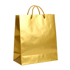 A golden shopping bag, isolated on a black background, with rope handles