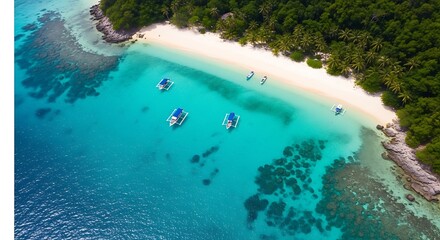 Aerial view of a tropical island beach with boats and lush green trees