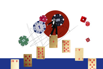 Creative collage image young businesswoman dance funky celebrate success winner chips cards dice combination fortune luck