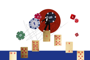 Creative collage image young businesswoman dance funky celebrate success winner chips cards dice combination fortune luck