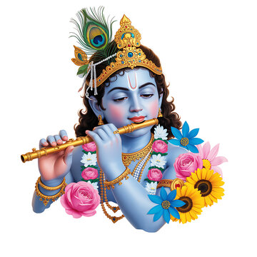 Lord krishna playing his divine flute adorned with flowers and peacock feathers