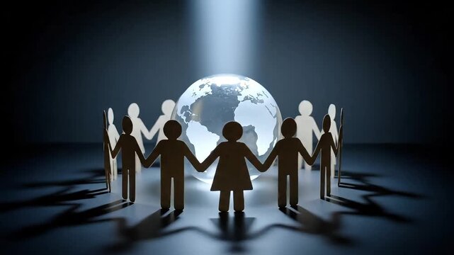A group of paper cut out people holding hands in a circle around a world globe with a light shining