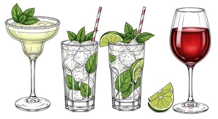 Assortment of refreshing cocktails and drinks including margarita, mojito, and red wine, isolated on white background