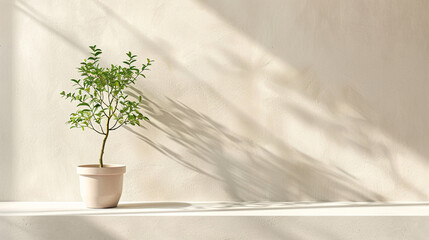 A minimalist indoor scene featuring a small potted plant with vibrant green leaves on a white surface, bathed in natural sunlight creating sharp, dramatic shadows against a clean white wall, evoking t
