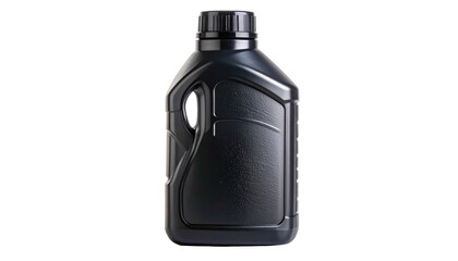 Black plastic bottle with a handle, filled with liquid, set against a black background