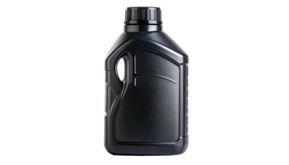 Black plastic bottle with a handle, filled with liquid, set against a black background