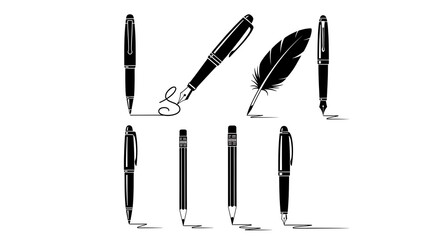 Selection of writing instruments including pens, a quill, and pencils, isolated on white background