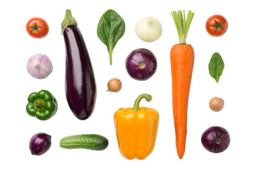 A vibrant assortment of fresh raw vegetables including eggplant carrots bell peppers tomatoes onions and cucumber isolated on transparent background