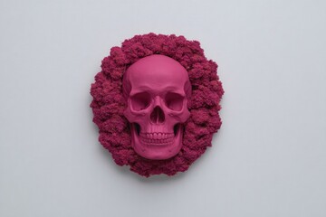 Bright pink skull surrounded by textured floral elements creates