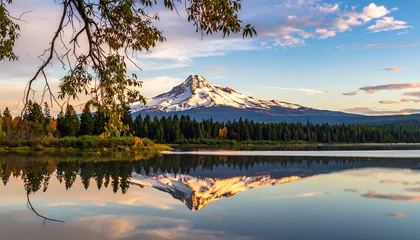 Wanddecoratie Reflectie A serene mountain lake scene at dawn, showcasing a snow-capped peak reflected perfectly in the tranquil water, framed by lush foliage and a beautiful sky.  © Ananda