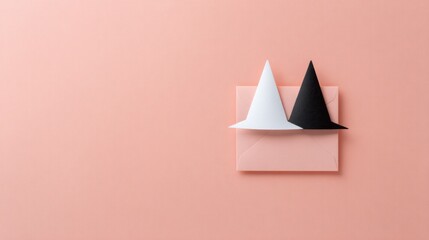 Minimalistic display of black and white party hats on pastel bac