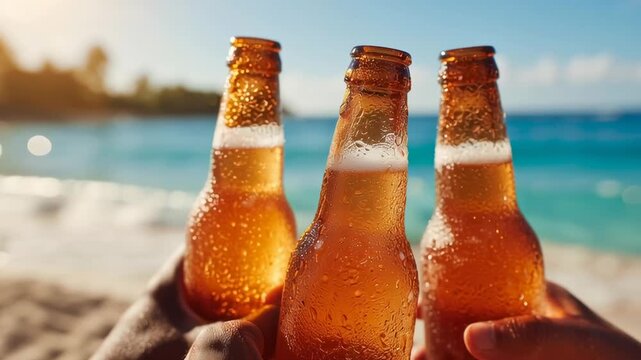 Three bottles of beer are being held up by a person on a beach. The bottles are open and the beer inside is cold. The scene is relaxed and casual