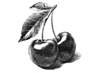 Cherry hand drawing engraving illustration isolated on white background	

