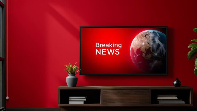 A television screen is displaying Breaking News. The image is set in a living room with a potted plant and a vase on a table