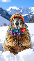 A groundhog in winter attire, surrounded by snow and mountains
