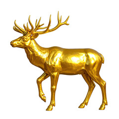 Gleaming golden sculpture of a stag with impressive antlers, isolated on a black background