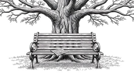 A solitary wooden bench sits beneath the sprawling branches of a large, ancient tree
