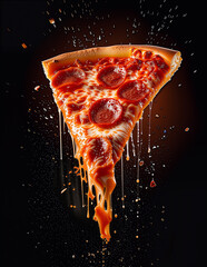Pepperoni Pizza Slice With Melting Cheese Drips On Dark Background, Dramatic Food Art Photography