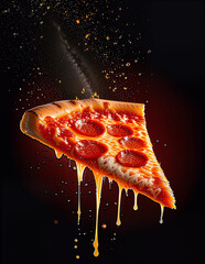 Pepperoni Pizza Slice With Melting Cheese Drips On Dark Background, Dramatic Food Art Photography