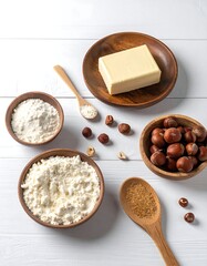 Baking ingredients arranged on a white surface. Wooden bowls hold flour, butter, sugar, hazelnuts, and chestnuts