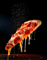 Pepperoni Pizza Slice With Melting Cheese Drips On Dark Background, Dramatic Food Art Photography