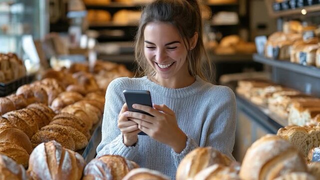 A woman browses her phone in a bakery, surrounded by fresh bread and pastries - Powered by Adobe