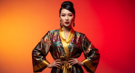 A striking asian woman in a vibrant, ornate robe poses confidently against a warm gradient background