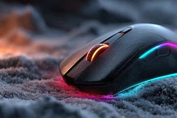 Sleek gaming mouse illuminated with vibrant colors against textu