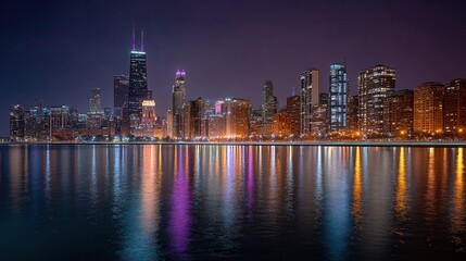 Obraz premium Vibrant city skyline illuminated at night reflecting on calm water surface