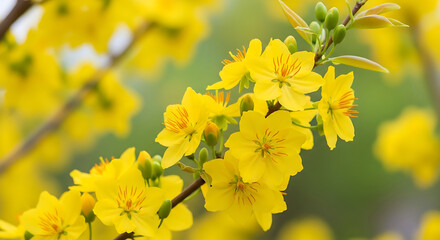 Vibrant yellow apricot blossom flowers blooming on a branch in spring