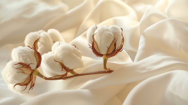 A soft and serene close-up of natural cotton bolls with their fluffy white fibers and rustic brown husks, elegantly arranged on flowing, gently draped cream-colored fabric, emphasizing organic beauty 