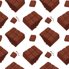 Seamless pattern with broken dark chocolate bars on white background. Vector sweet food illustration for wrapping paper, packaging, confectionery branding.