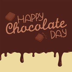 Happy chocolate day square frame with sweet candies and chocolate drips on dark background. Vector hand drawn cartoon illustration for packaging design, card, menu, web with copy space