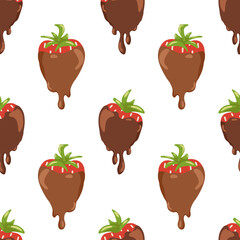 Strawberries dipped in melting chocolate seamless pattern on white background. Vector hand drawn illustration for packaging design, dessert branding, wrapping paper and Valentine’s cards