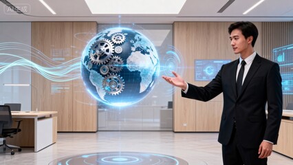Man in suit interacting with digital globe