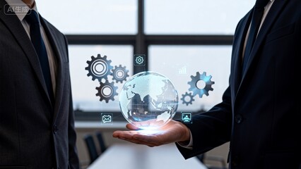 Two business men with globe and gears