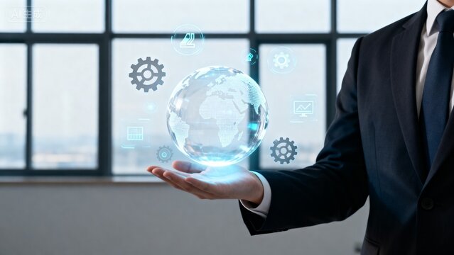 Businessman with digital globe and icons