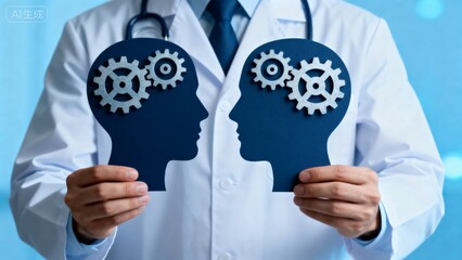 Doctor holding head cutouts with gears