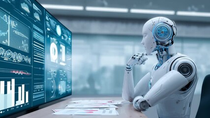 Advanced cybernetic system processes complex data visualizations on multiple screens within sleek, transparent laboratory environment, highlighting technological research and computational analysis. - Powered by Adobe