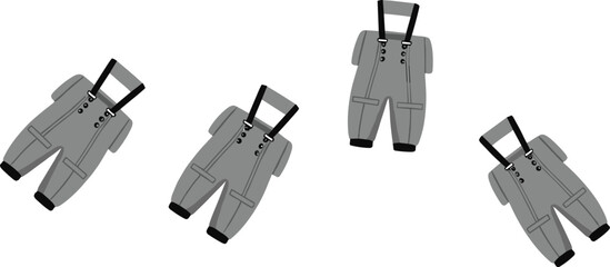 Gray overalls technical flat sketch, fashion vector illustration, apparel template with pockets and straps, scattered repeat pattern clothing garment CAD drawing