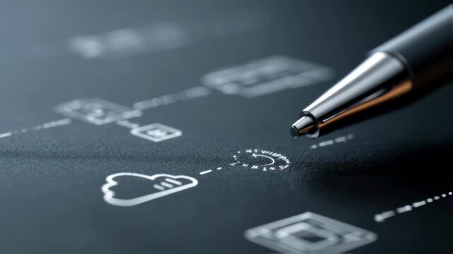 Smart pen tip in sharp focus as it glides over a notebook with a faintly visible cloud icon and digital notes syncing in the outoffocus backdrop.