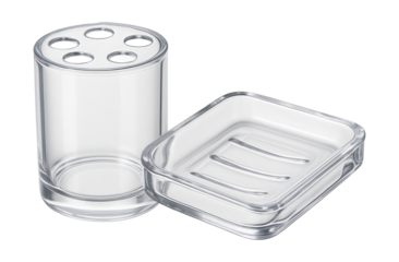 Clear acrylic bathroom set includes a toothbrush holder and soap dish for a modern look.