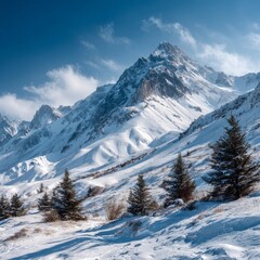 Mountain landscape of snow-capped mountains in the mist.
